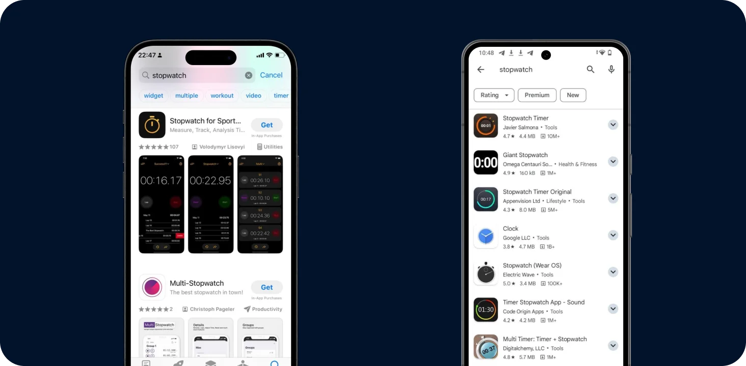 App Store and Google Play search results for the keyword "stopwatch"